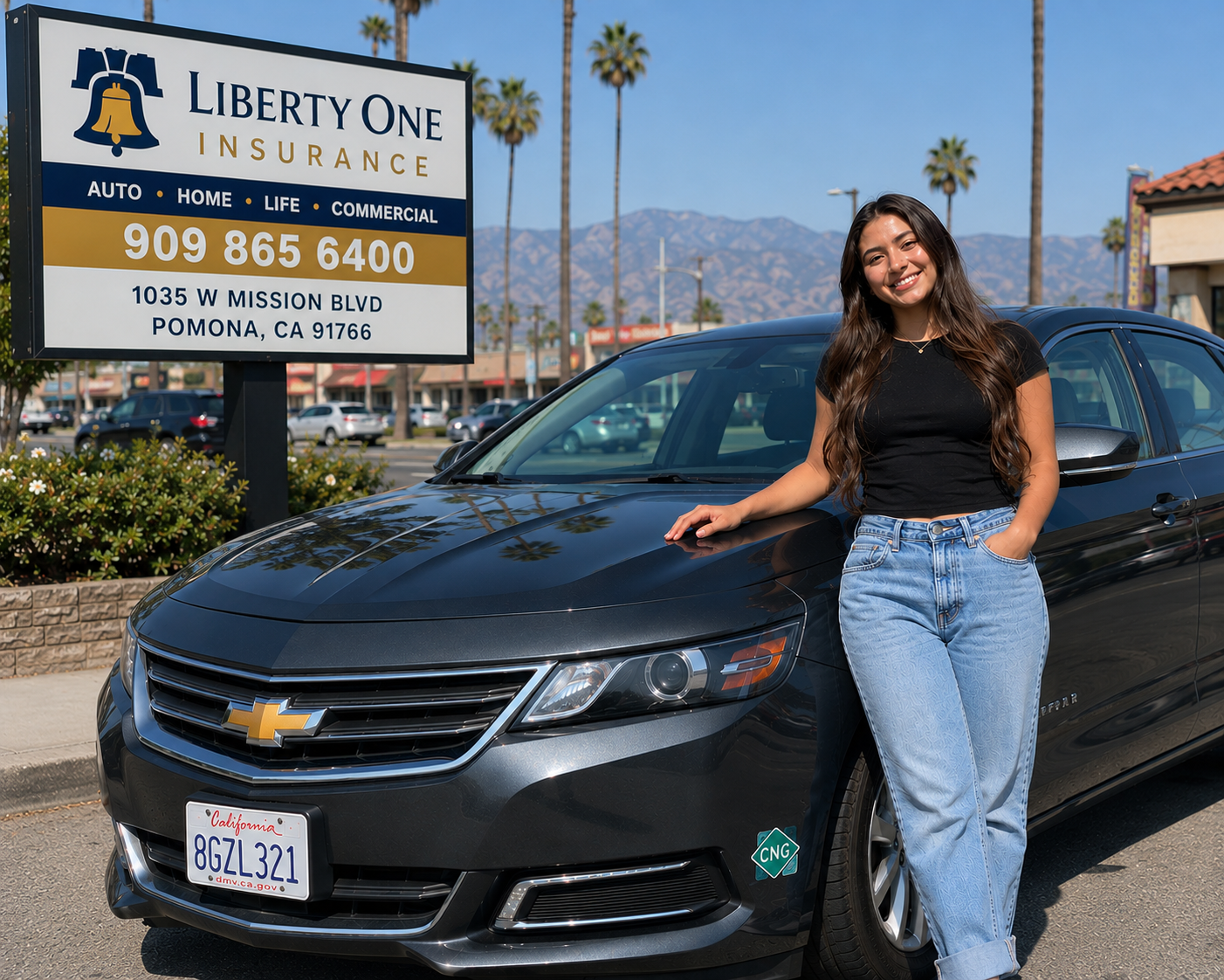 Liberty One Insurance Services promotional image featuring a customer and car outside the office