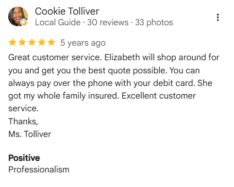 5-star Google review from Cookie Tolliver